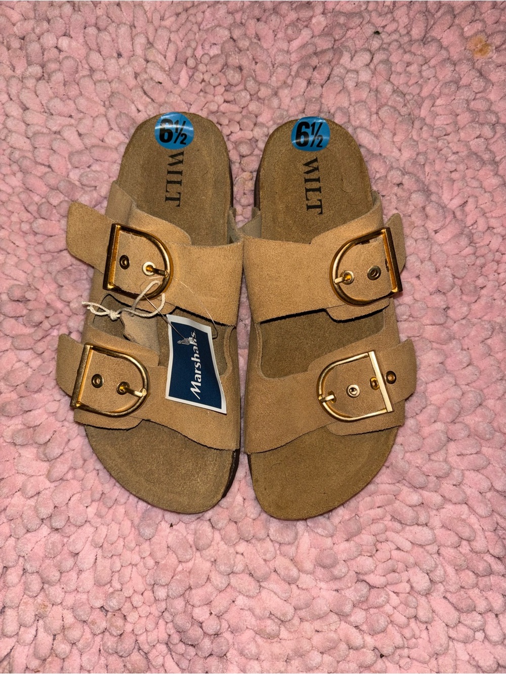 Wilt Double Buckle Slide Sandals in Tan with Rose gold hardware